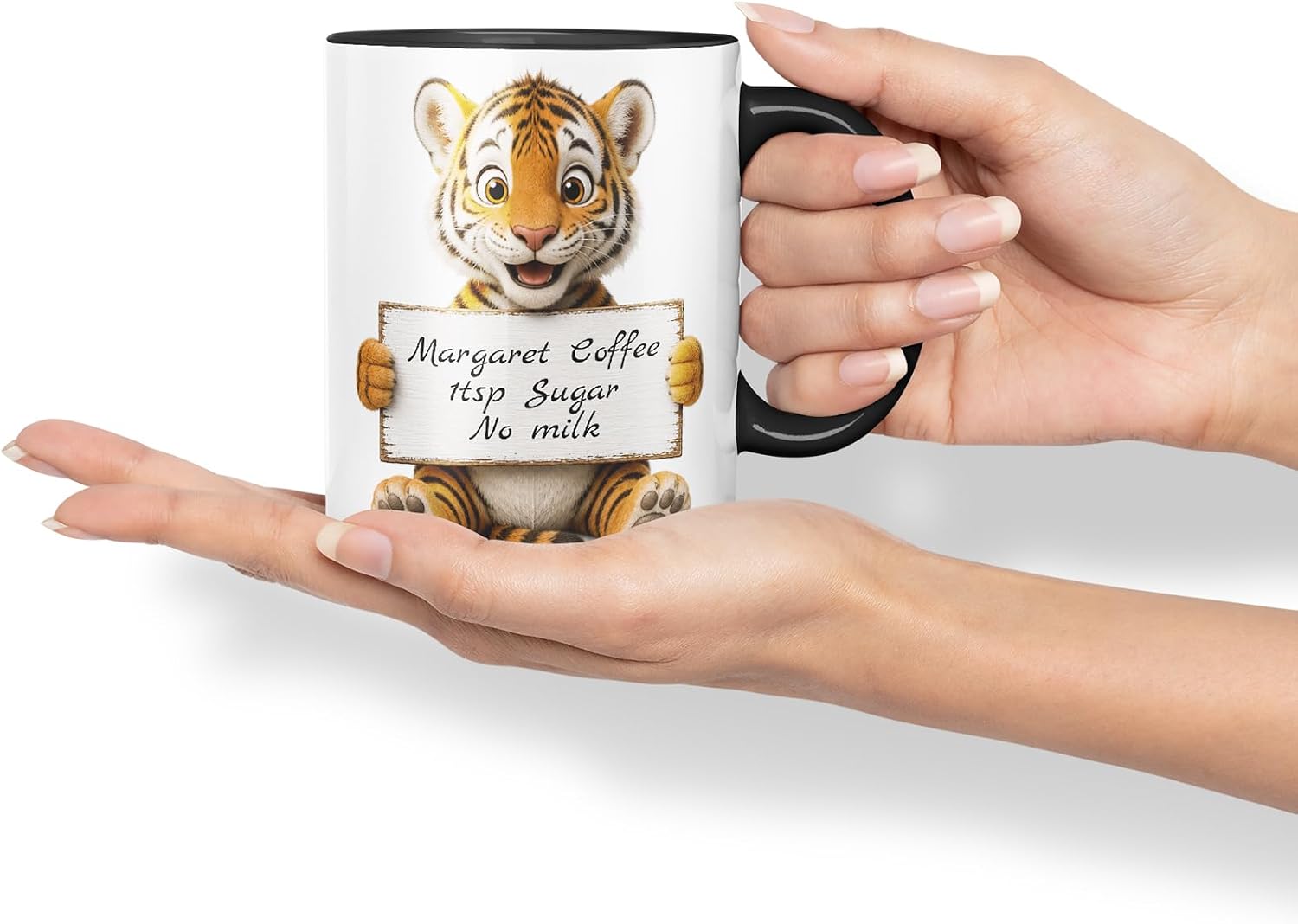 Vixar Personalised Tiger Mug with Name or Custom Message – Cute Animal Coloured Ceramic Mug Cup Gift, 11oz (Black)