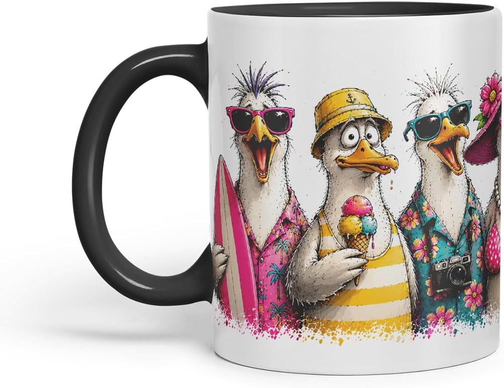 Vixar Beach Seagulls Mug – Funny Sea Bird Coloured Ceramic Mug Cup Gift, 11oz (Black)