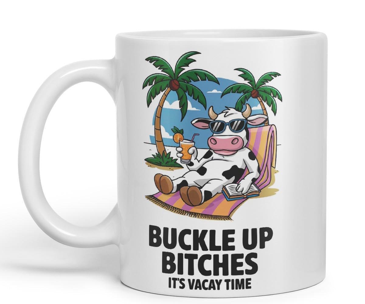 Vixar Buckle Up Bit... It’s Vacay Time Cow Coloured Ceramic Mug Cup Gift, 11oz (Black)