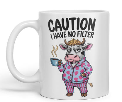 Vixar Caution I Have No Filter Cow Joke Coloured Ceramic Mug Cup Gift, 11oz (Black)