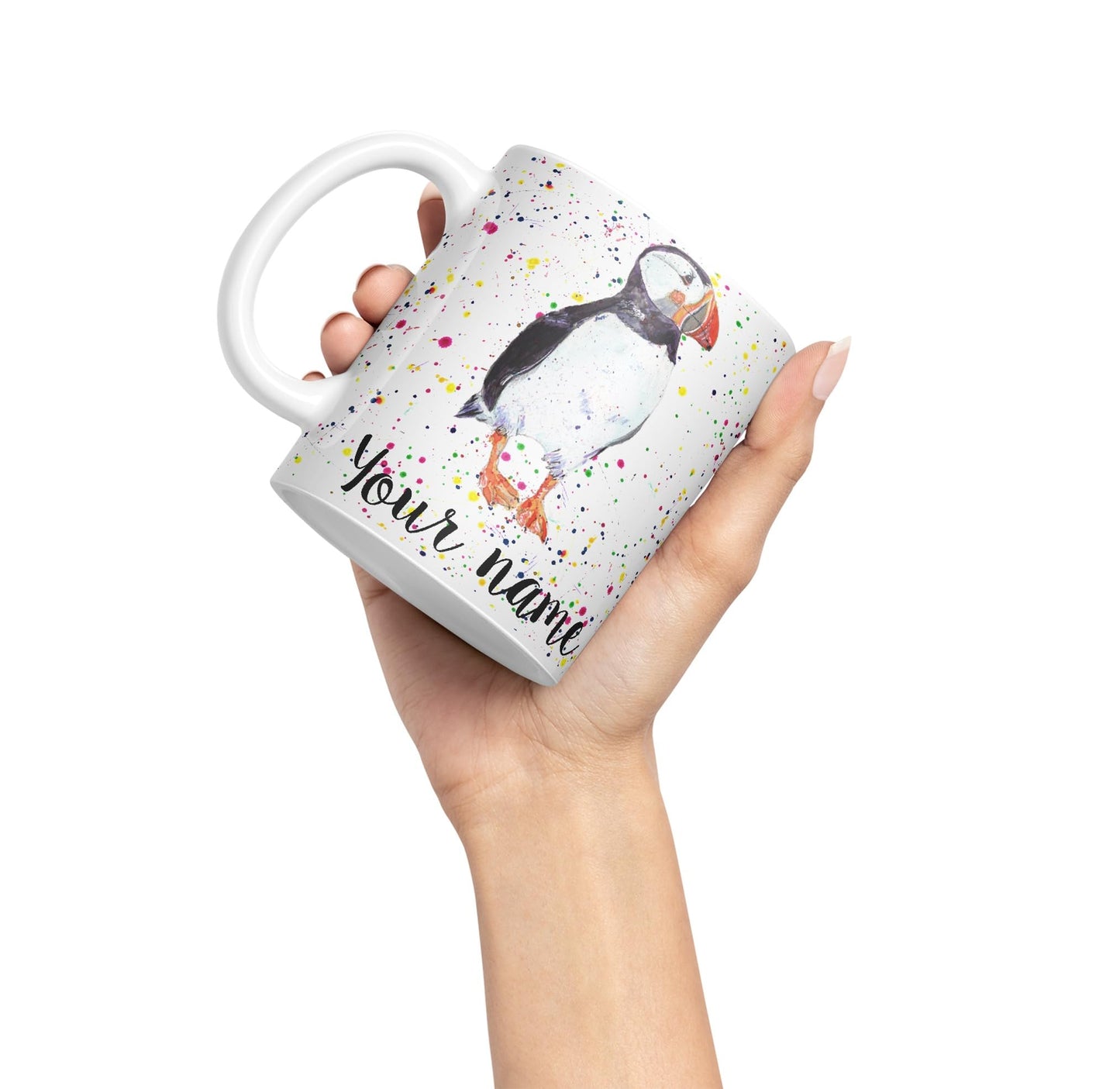 Vixar Personalised with Your Text Puffin Bird Animals Watercolour Art Coloured Ceramic Mug Cup Gift 330ml 11oz Custom Work Office Tea Coffee (O2)