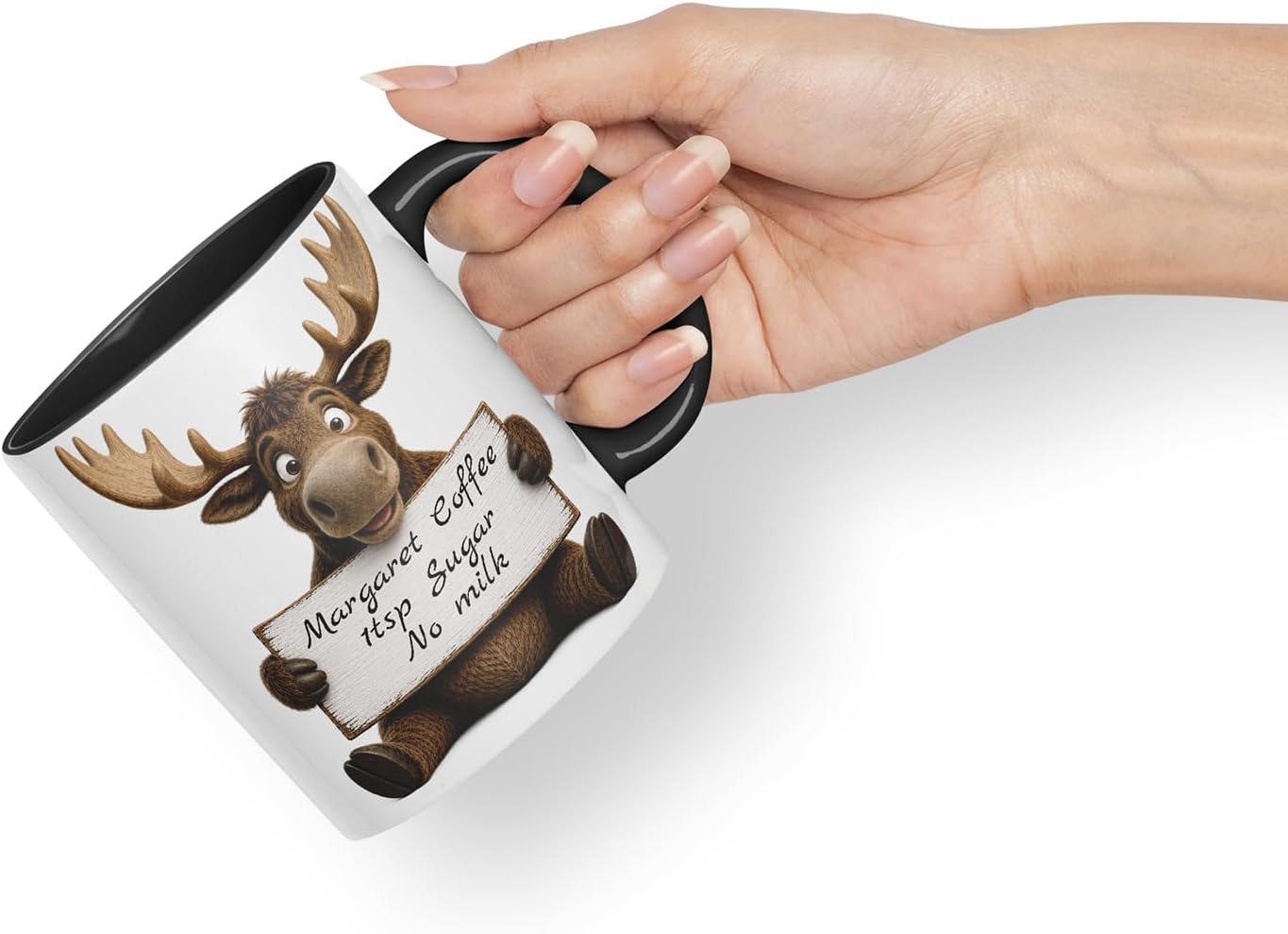 Vixar Personalised Moose Mug with Name or Custom Message – Cute Animal Coloured Ceramic Mug Cup Gift, 11oz (Black)