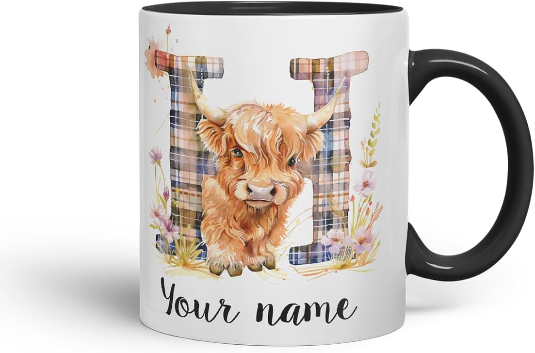Vixar Personalised Highland Cow Initial Letter H Custom Name Mug – Coloured Ceramic Mug Cup Gift, 11oz (Black)