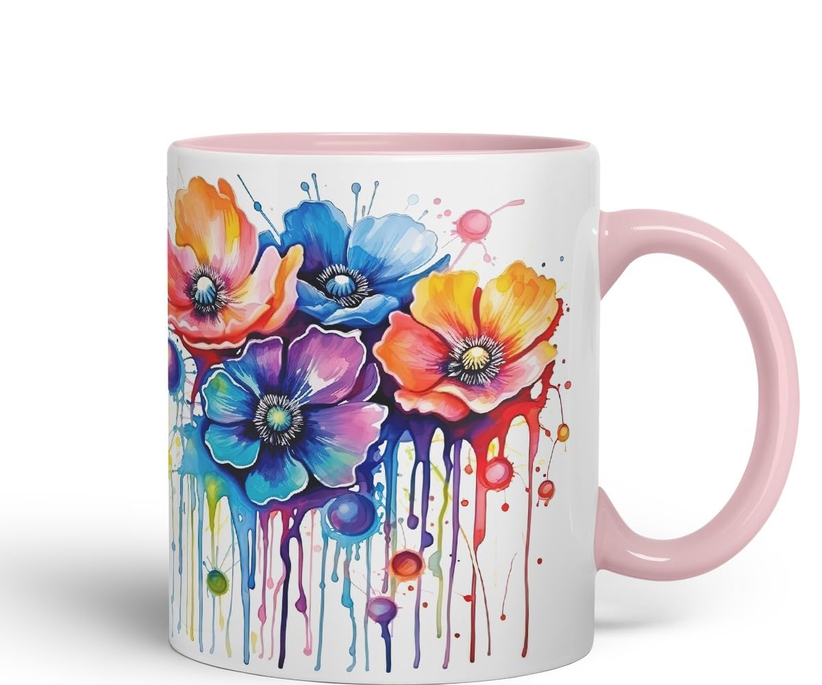 Vixar Anemone Watercolour Floral Mug Coloured Ceramic Mug Cup Gift, 11oz (Navy)