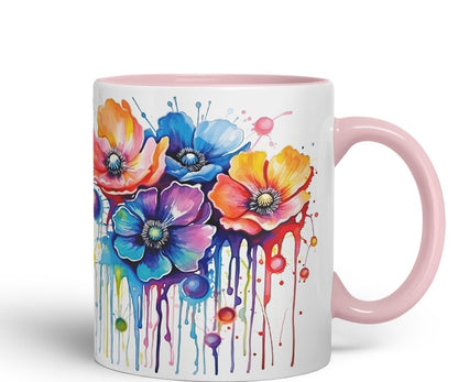 Vixar Anemone Watercolour Floral Mug Coloured Ceramic Mug Cup Gift, 11oz (Navy)