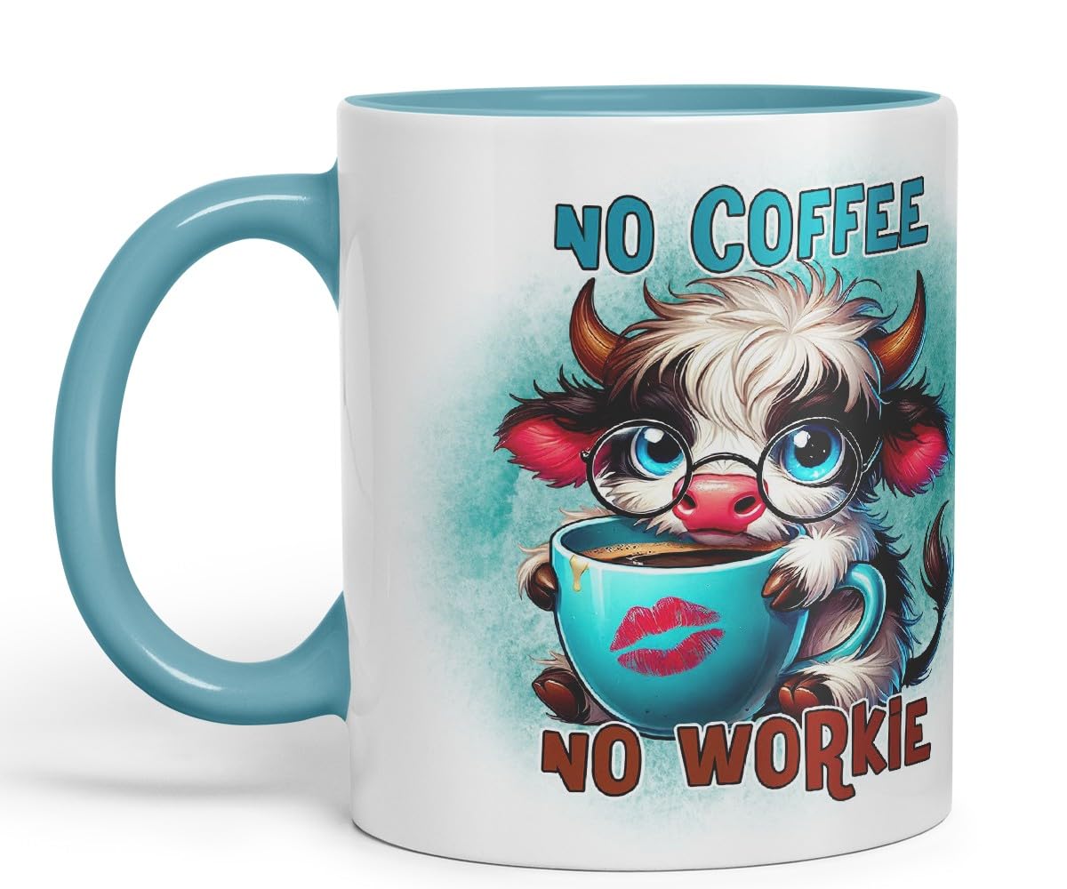 Vixar No Coffee No Workie Highland Cow Coloured Ceramic Mug Cup Gift for Coffee Lovers 11oz (Black)