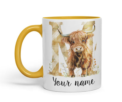 Vixar Personalised Highland Cow Initial Letter M Custom Name Mug – Coloured Ceramic Mug Cup Gift, 11oz (Black)