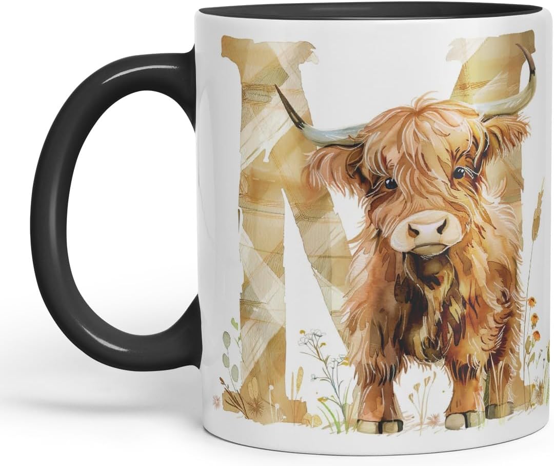 Vixar Highland Cow Alphabet Monogram Coloured Ceramic Cup Mug – Letter N – Rustic Farmhouse Animal Letter Gift – 11oz (Black)