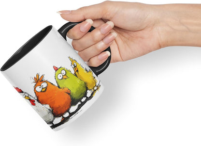 Vixar Funny Colourful Chickens Design – Coloured Ceramic Mug Cup Gift, 11oz (Black)