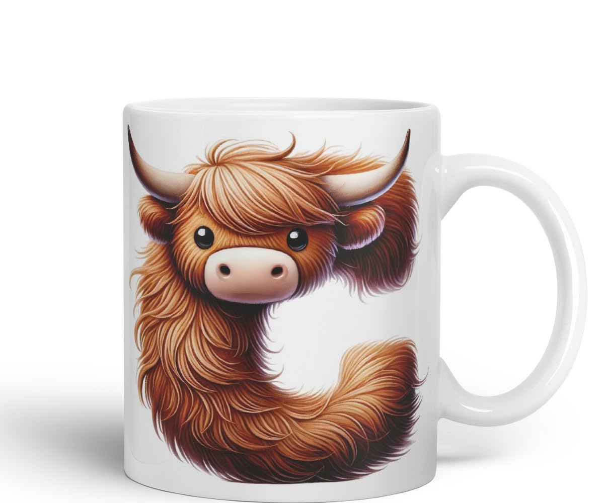 Highland Cow Alphabet Monogram Coloured Ceramic Cup Mug Letter C Rustic Farmhouse Animal Letter Gift V2 11oz (Black)