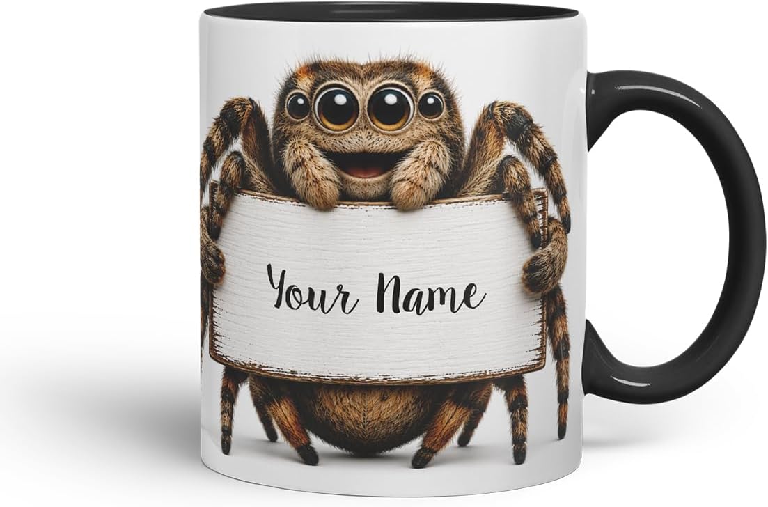 Vixar Personalised Spider Mug with Name or Custom Message – Cute Animal Coloured Ceramic Mug Cup Gift, 11oz (Black)