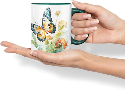 Vixar Ceramic Mug “Butterfly with Flowers” – Coloured Coffee & Tea Mug Cup 11oz 330ml (Dark Green)