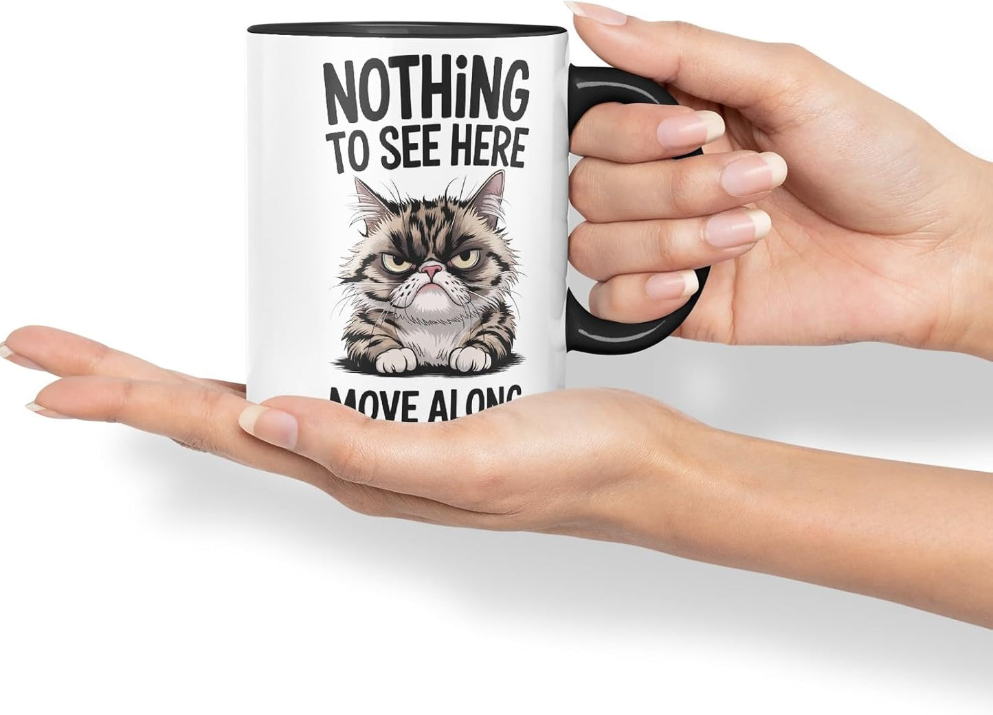 Vixar Nothing to See Here Move Along Cat Mug – Coloured Ceramic Mug Cup Gift, 11oz (Black)