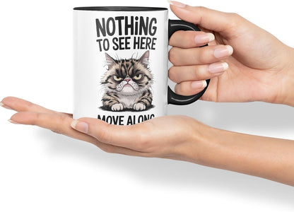 Vixar Nothing to See Here Move Along Cat Mug – Coloured Ceramic Mug Cup Gift, 11oz (Black)