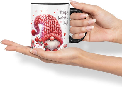 Vixar Happy Mother's Day Cute Red Gnome Mother Mum Mug – Coloured Ceramic Mug Cup Gift, 11oz (Black)