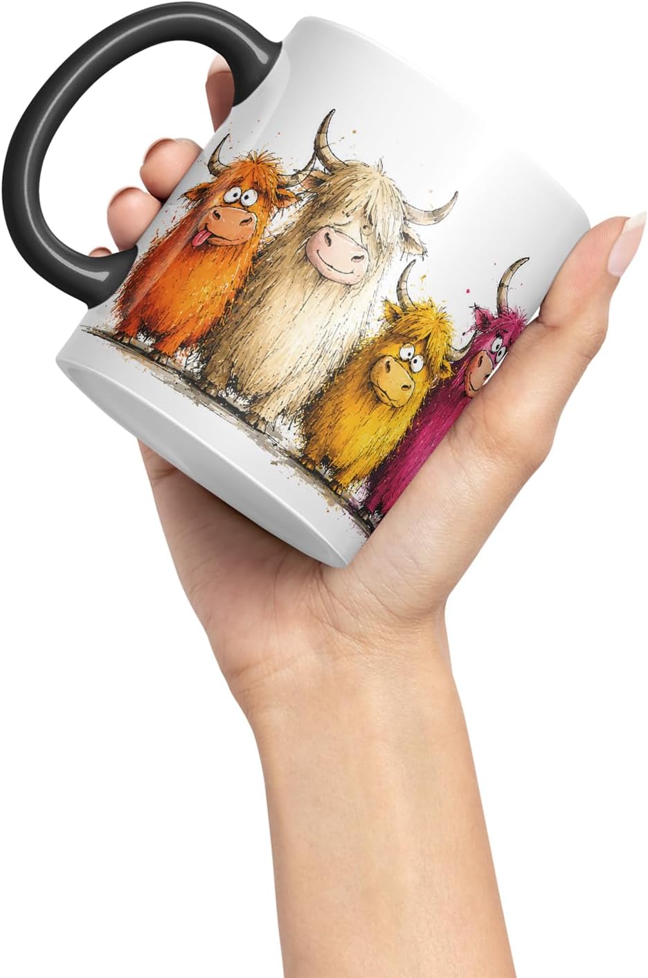 Vixar Funny Highland Cow Mug – Cute Scottish Cow Animal Coloured Ceramic Mug Cup Gift, 11oz (Black)