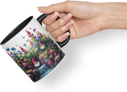 Vixar Garden Gnome Waterfall Mug – Coloured Ceramic Mug Cup Gift, 11oz (Black)