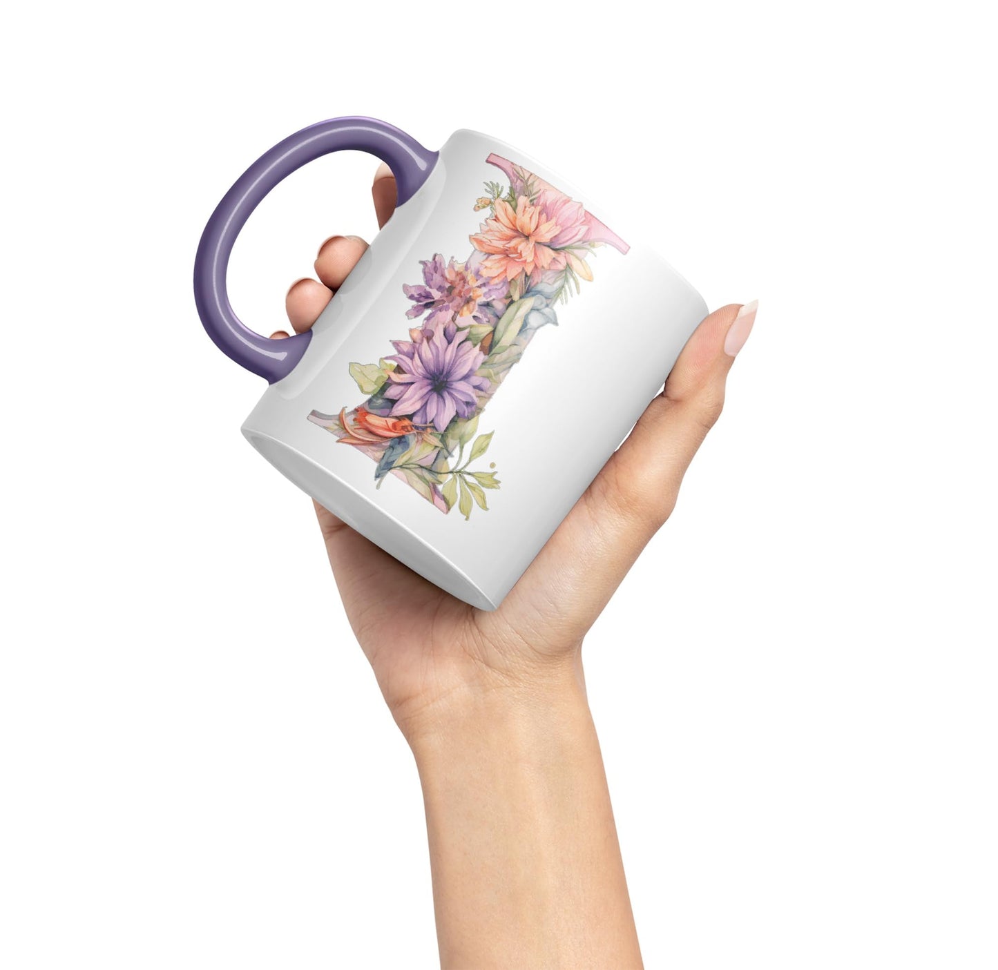 Letter I mug, Floral flowers butterfly Alphabet Letter I Monogram watercolour Ceramic Coloured Mug Cup for Tea Coffee Hot brew 330ml 11Oz Gift