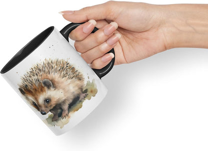 Vixar Watercolour Hedgehog Mug – Coloured Ceramic Mug Cup Gift, 11oz (Black)