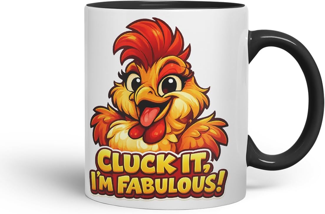 Vixar Cluck It I'm Fabulous Chicken Coloured Ceramic Mug Cup Gift, 11oz (Black)