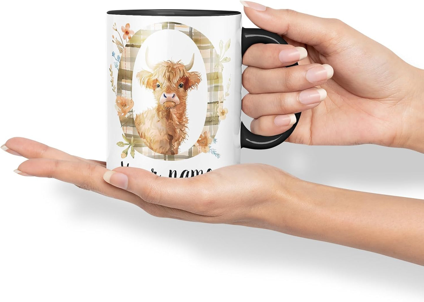 Vixar Personalised Highland Cow Initial Letter O Custom Name Mug – Coloured Ceramic Mug Cup Gift, 11oz (Black)