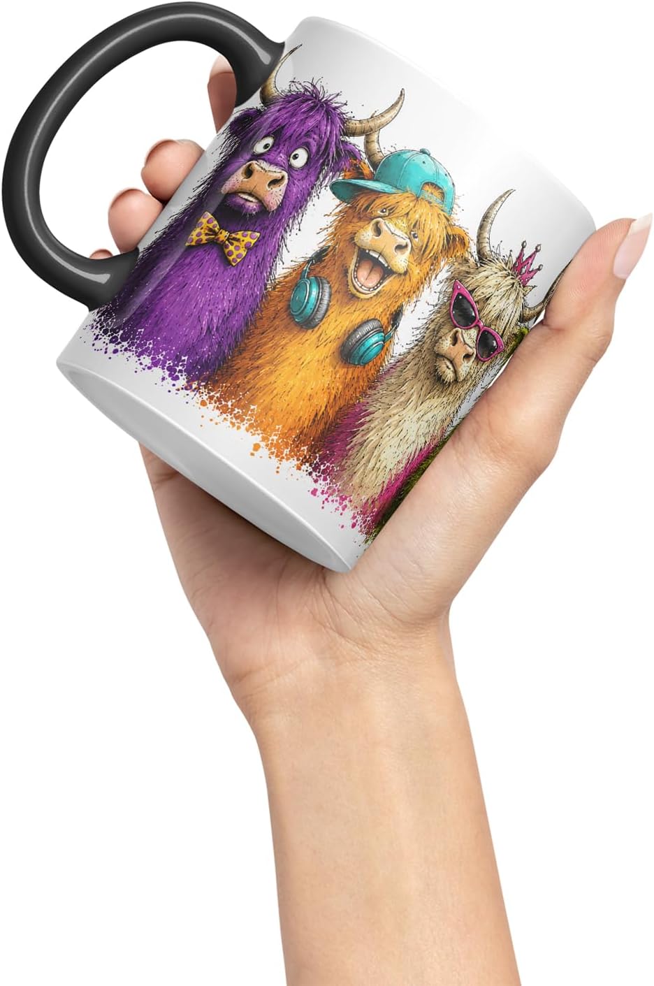 Vixar Highland Cow Mug – Cute Scottish Cow Animal Coloured Ceramic Mug Cup Gift, 11oz (Black)