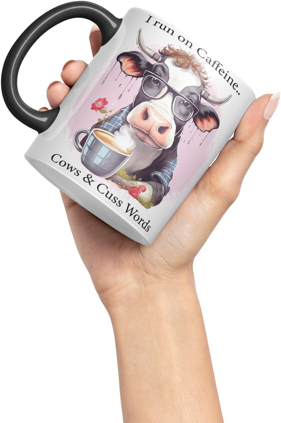 Vixar I Run on Caffeine Cows & Cu.. Words Coloured Ceramic Mug Cup Gift, 11oz (Black)