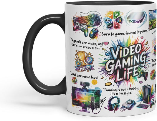 Video Gaming Life Mug – Coloured Ceramic Mug Cup Gift, 11oz (Black)
