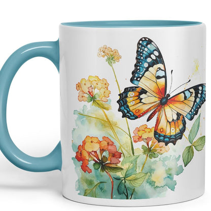Vixar Ceramic Mug “Butterfly with Flowers” – Coloured Coffee & Tea Mug Cup 11oz 330ml (Dark Green)