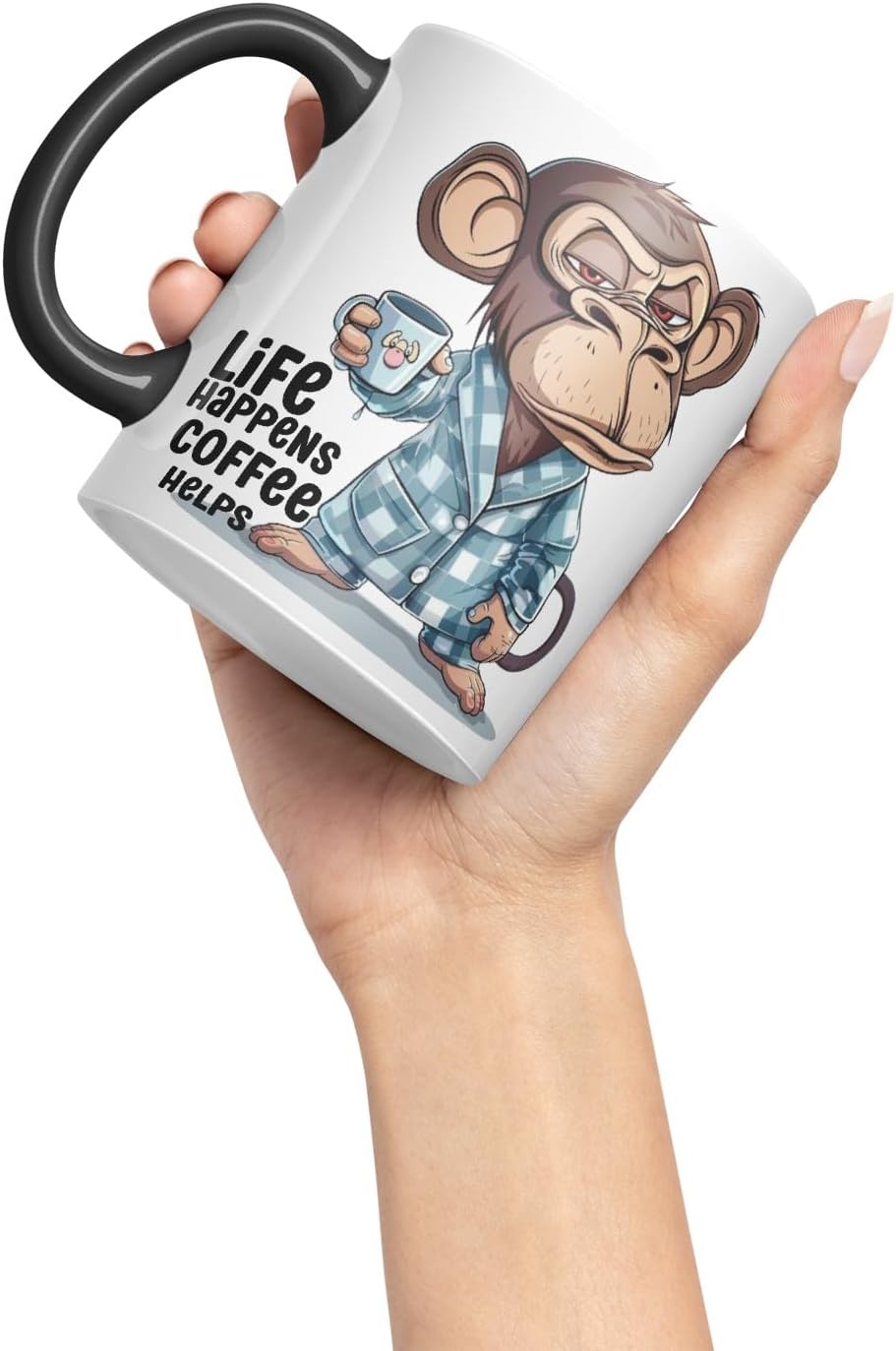 Vixar Life Happens Coffee Helps Monkey Mug – Coloured Ceramic Mug Cup Gift, 11oz (Black)