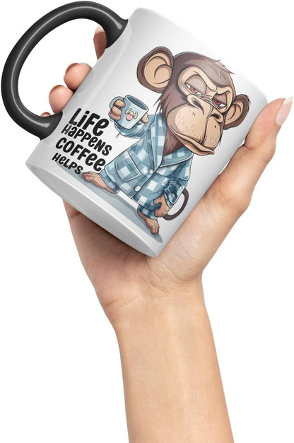 Vixar Life Happens Coffee Helps Monkey Mug – Coloured Ceramic Mug Cup Gift, 11oz (Black)