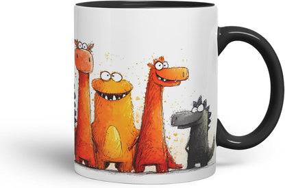 Vixar Funny Colourful Dino Friends Design – Cute Dinosaur Character Mug for Dino Lovers, Coloured Mug Cup Gift, 11oz (Black)