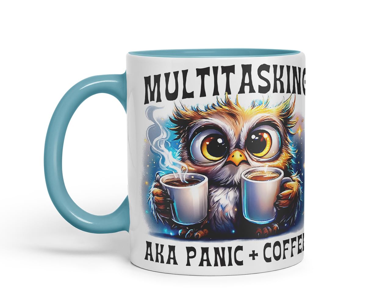 Vixar Multitasking AKA Panic Plus Coffee Funny Owl Mug – Coloured Ceramic Mug Cup Gift, 11oz (Black)