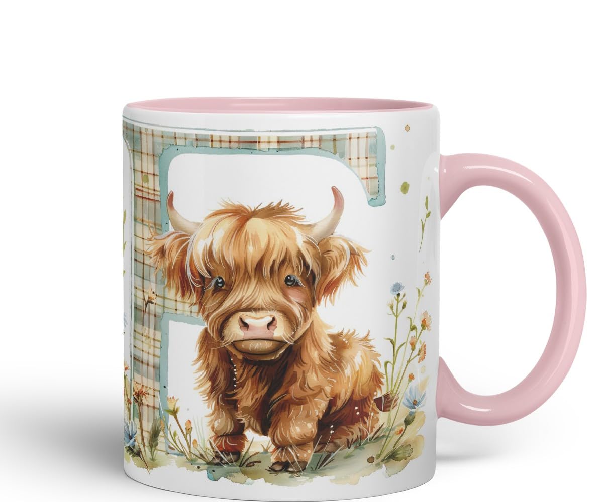 Vixar Highland Cow Alphabet Monogram Coloured Ceramic Cup Mug – Letter F – Rustic Farmhouse Animal Letter Gift – 11oz (Black)