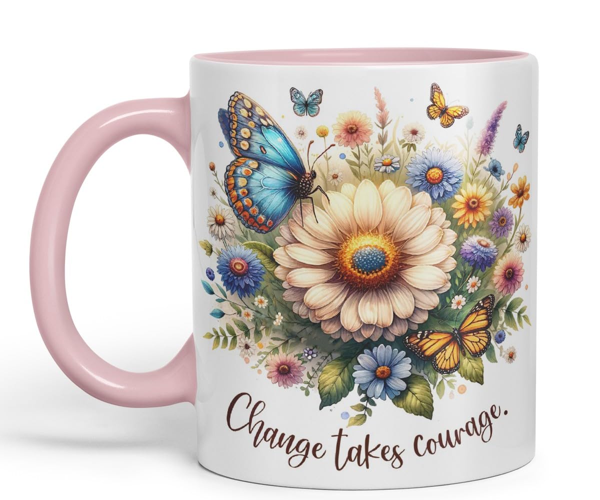 Vixar Change Takes Courage Butterfly Coloured Mug Cup Floral Nature Inspirational Gift 11oz (Black)