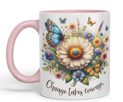 Vixar Change Takes Courage Butterfly Coloured Mug Cup Floral Nature Inspirational Gift 11oz (Black)