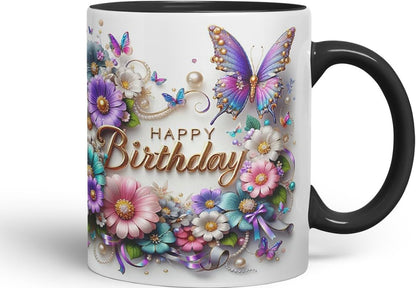 Vixar Happy Birthday Floral Wreath Butterflies Coloured Ceramic Mug Cup Gift 11oz V13 (Black)