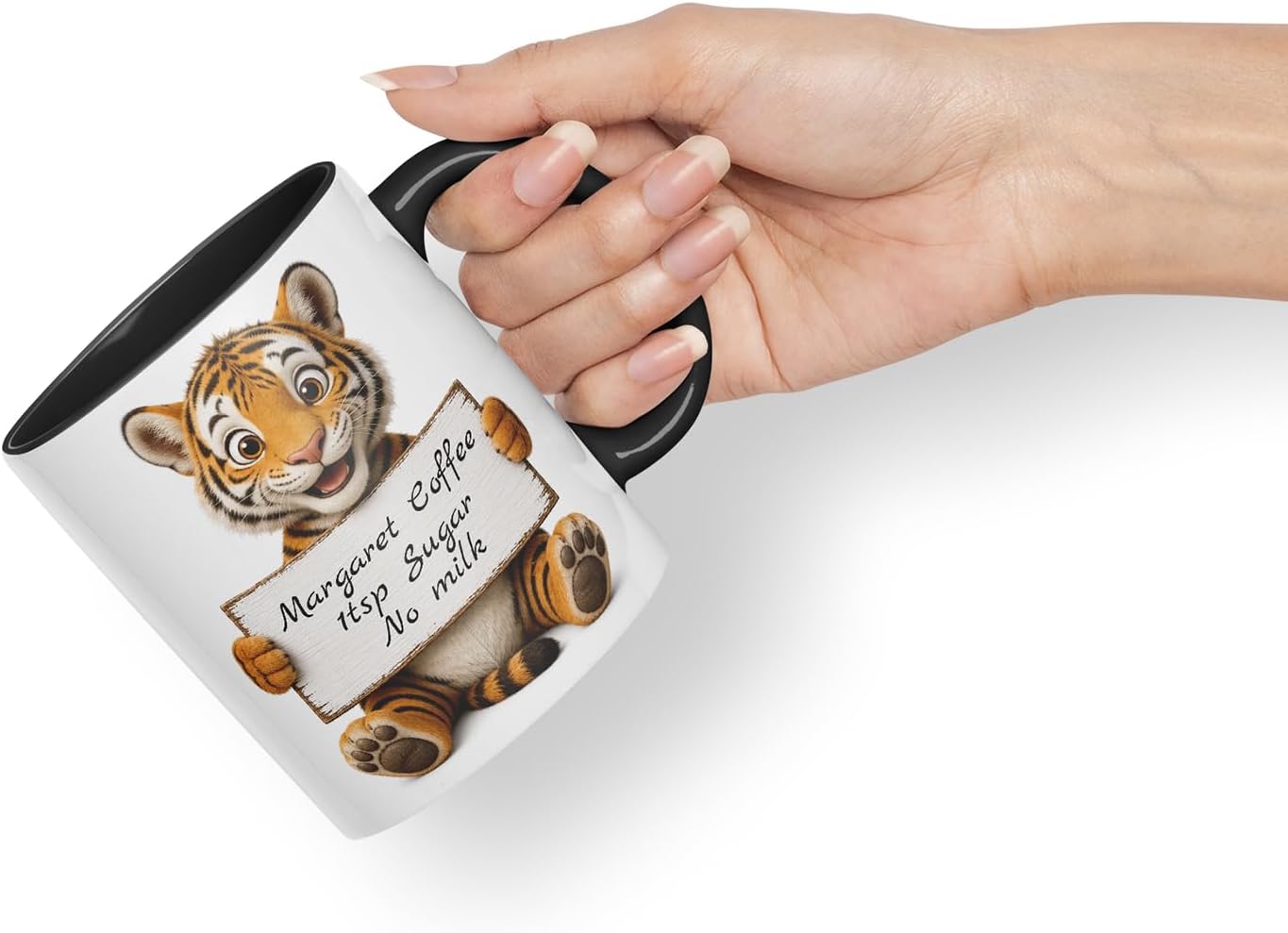 Vixar Personalised Tiger Mug with Name or Custom Message – Cute Animal Coloured Ceramic Mug Cup Gift, 11oz (Black)