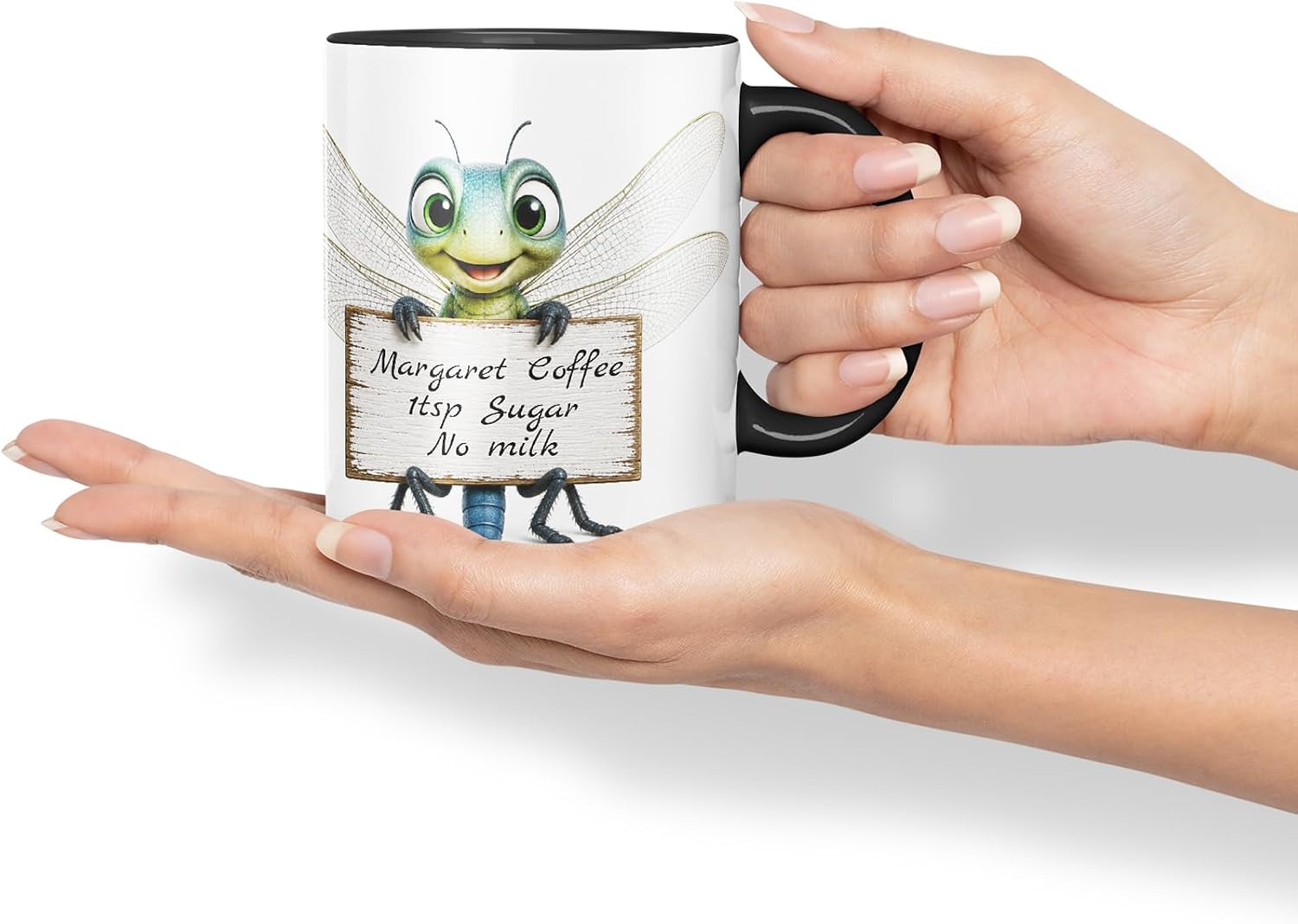 Vixar Personalised Dragonfly Mug with Name or Custom Message – Cute Animal Coloured Ceramic Mug Cup Gift, 11oz (Black)