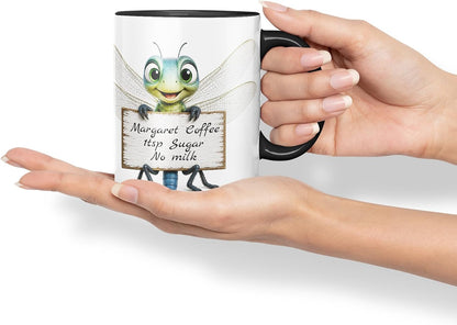 Vixar Personalised Dragonfly Mug with Name or Custom Message – Cute Animal Coloured Ceramic Mug Cup Gift, 11oz (Black)