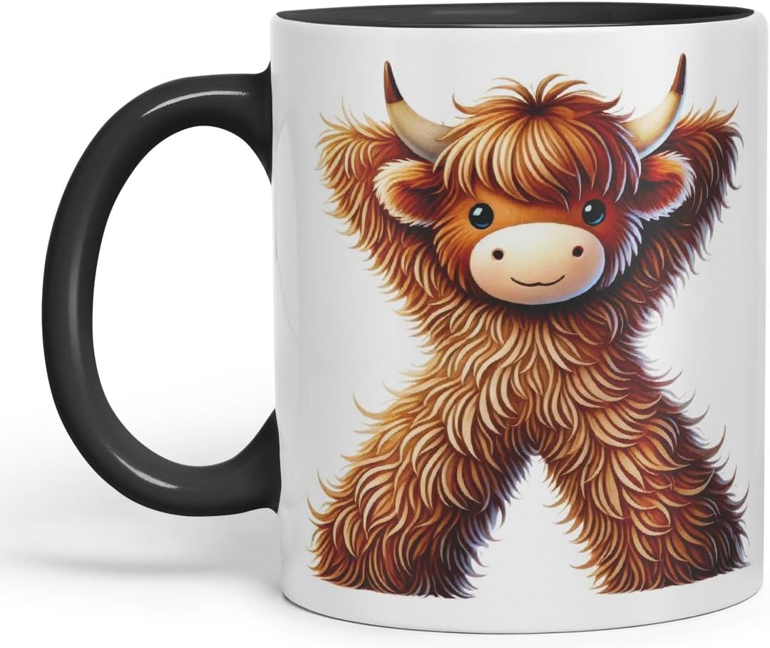 Highland Cow Alphabet Monogram Coloured Ceramic Cup Mug Letter X Rustic Farmhouse Animal Letter Gift V2 11oz (Black)