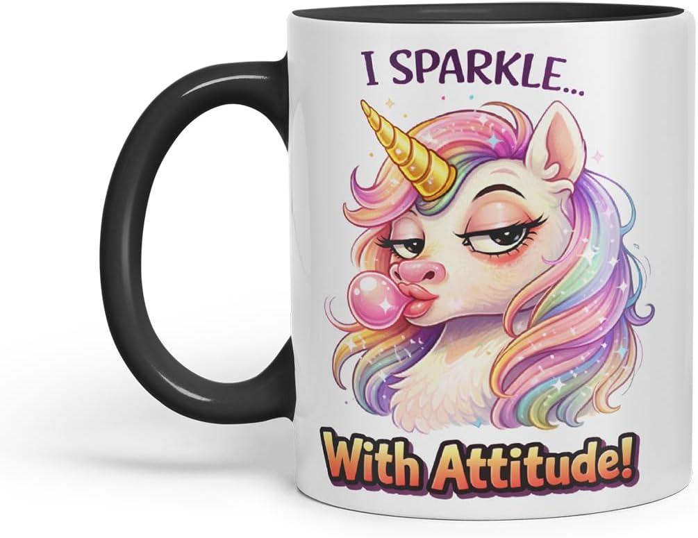 Vixar I Sparkle with Attitude Unicorn Coloured Ceramic Mug Cup Gift, 11oz (Black)