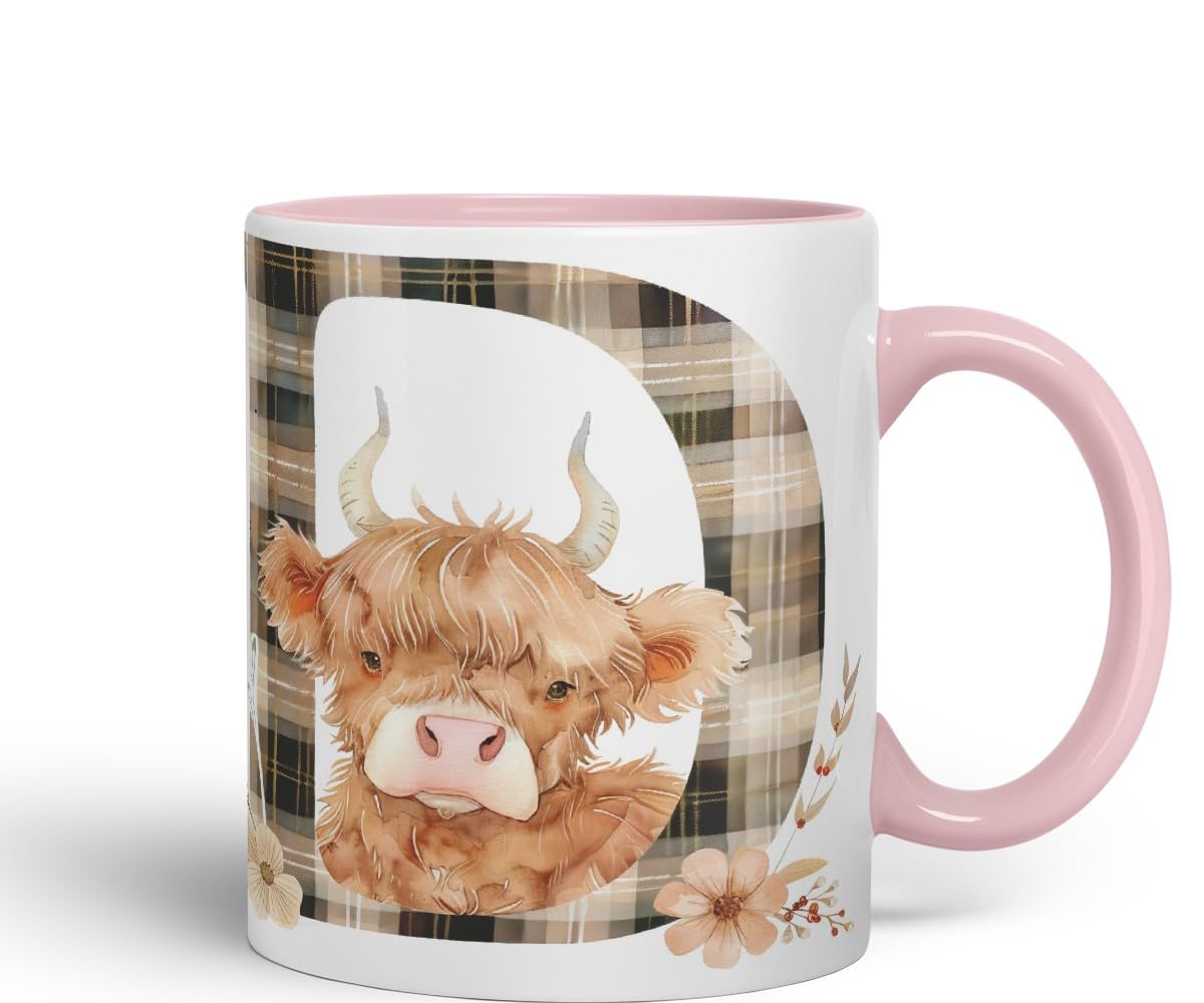 Vixar Highland Cow Alphabet Monogram Coloured Ceramic Cup Mug – Letter D – Rustic Farmhouse Animal Letter Gift – 11oz (Black)