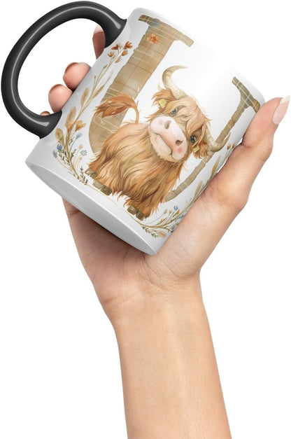 Vixar Highland Cow Alphabet Monogram Coloured Ceramic Cup Mug – Letter U – Rustic Farmhouse Animal Letter Gift – 11oz (Black)