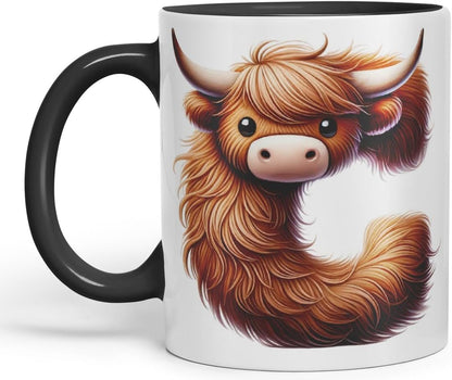 Highland Cow Alphabet Monogram Coloured Ceramic Cup Mug Letter C Rustic Farmhouse Animal Letter Gift V2 11oz (Black)