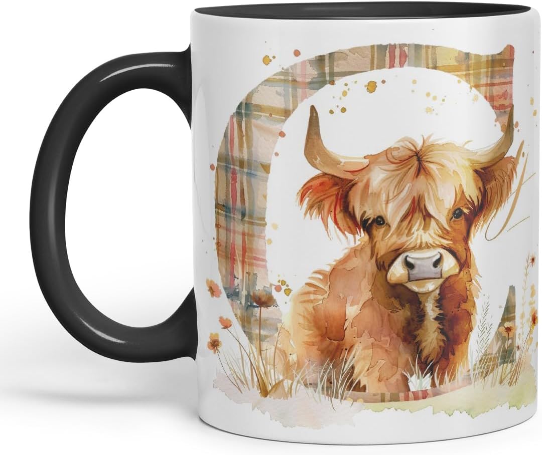 Vixar Highland Cow Alphabet Monogram Coloured Ceramic Cup Mug – Letter C – Rustic Farmhouse Animal Letter Gift – 11oz (Black)