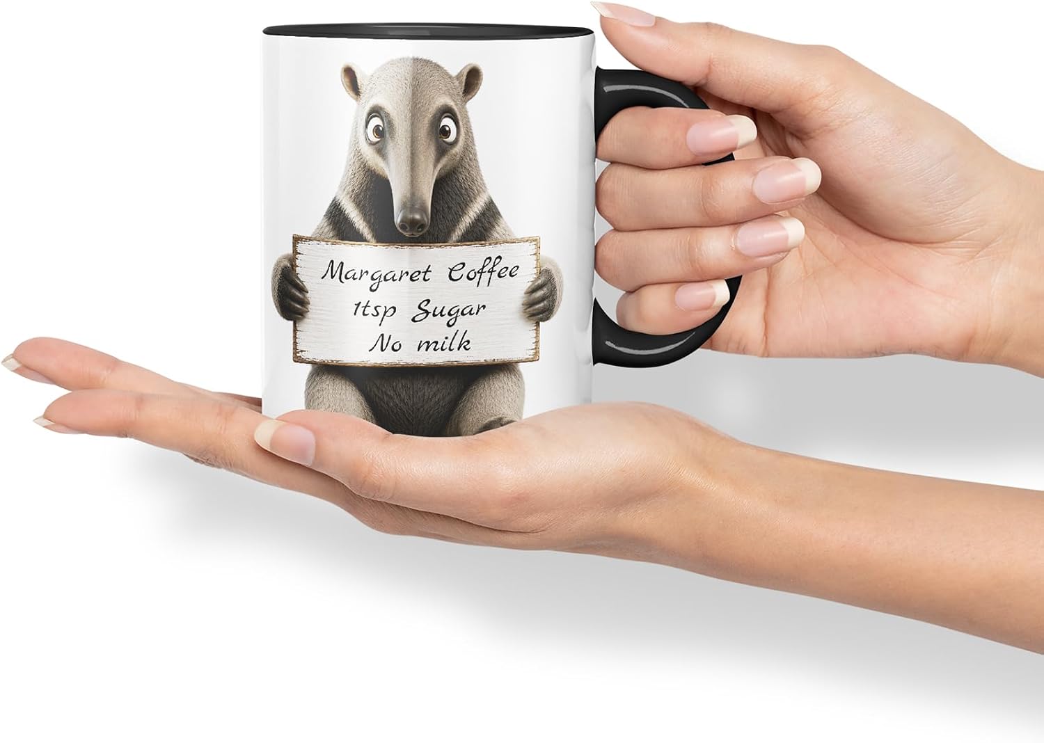 Vixar Personalised Anteater Mug with Name or Custom Message – Cute Animal Coloured Ceramic Mug Cup Gift, 11oz (Black)