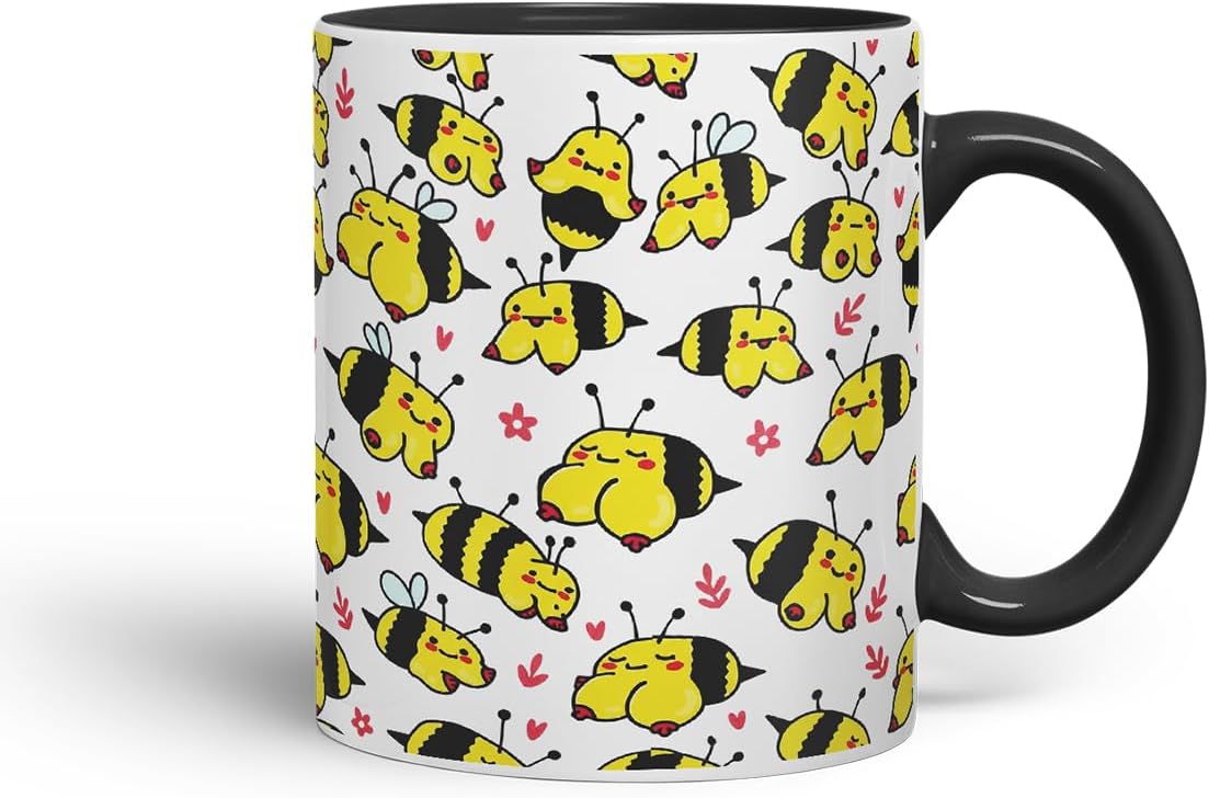 Vixar Cute Bee Breasts, Tits, Pattern Mug – Coloured Ceramic Mug Cup Gift, 11oz (Black)