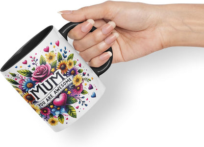Vixar Mum You are Awesome Floral Mug – Coloured Ceramic Mug Cup Gift, 11oz (Black)