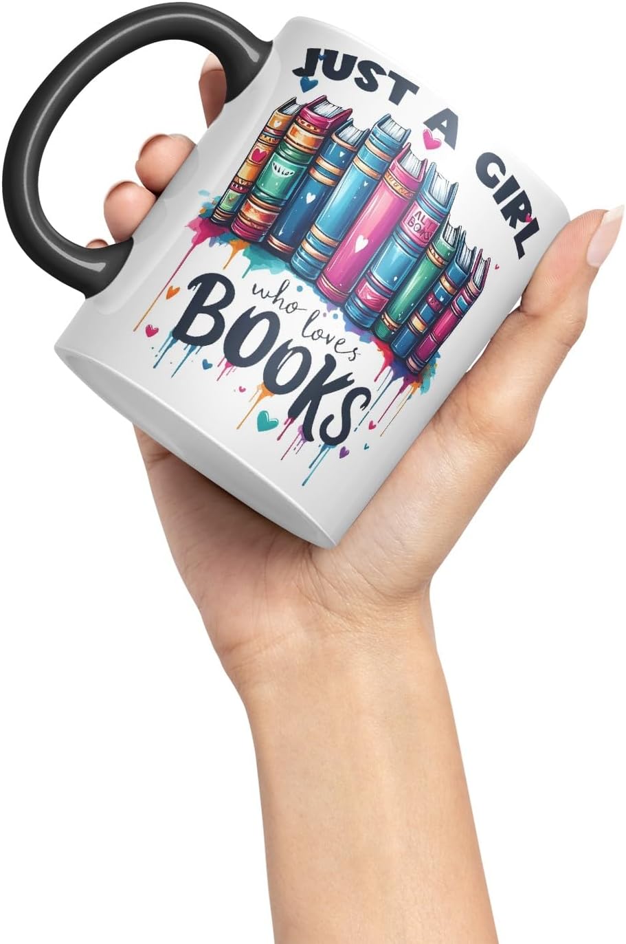 Vixar Just A Girl Who Loves Books Coloured Ceramic Mug Cup Gift, 11oz (Black)